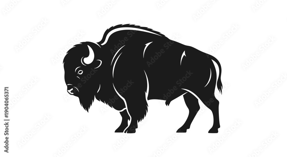 Fototapeta premium Majestic Bison Silhouette, Wild Animal, Strong Mammal, Isolated on White