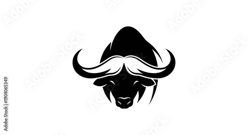 Black Silhouette of a Buffalo with Large Horns on White Background