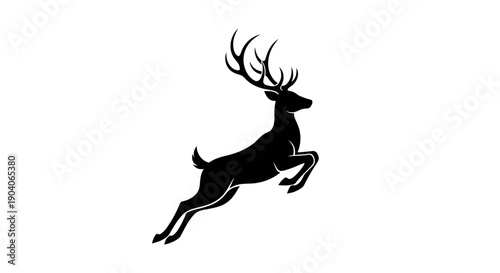 Majestic Stag Silhouette Leaping Against White Background, Wildlife Symbol