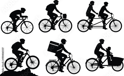 Cyclist silhouettes riding different bicycles, mountain biker, tandem riders, delivery courier, parent with child bike, diverse cycling styles vector illustration, black silhouettes