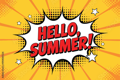 A comic book style greeting card design with a bright yellow background radiating from the center in orange sunburst lines.