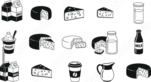 Dairy food icon set collection, milk cheese yogurt illustrations, organic farm products, packaging and beverages, minimal black and white flat vector design