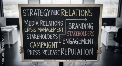 Wallpaper Mural Person holding a chalkboard with key business terms. Office setting, focused on communications Torontodigital.ca