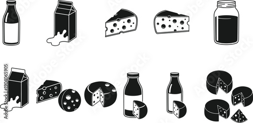 Dairy food icons set vector illustration isolated on white background, milk bottles cartons cheese varieties symbols for grocery, nutrition, food design