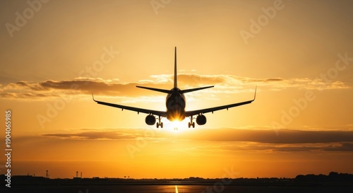 Silhouette of a plane landing during a golden sunset, runway visible