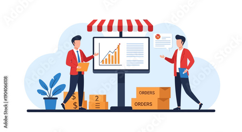 Business meeting discussing sales charts and order fulfillment