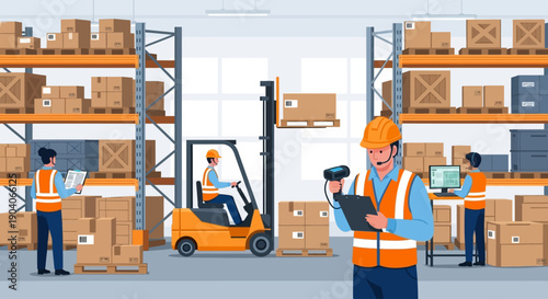 Warehouse workers organize packages and manage inventory with technology.