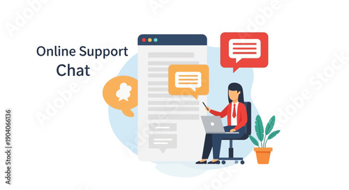 Online support chat illustration with a person using a laptop and speech bubbles.