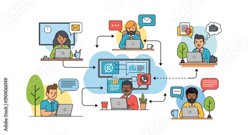 Diverse team collaborates remotely with digital tools and communication.