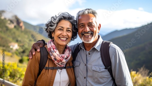 Smiling older couple embraces with mountain backdrop, backpacks, enjoying the scenic view on a sunny day