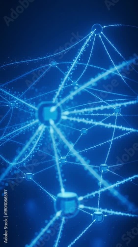 Glowing blue digital data streams connecting global server network nodes on a dark background.