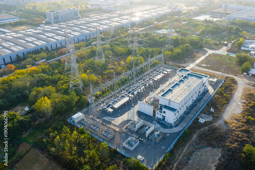 Aerial View of Electrical Substation in Industrial Zone

