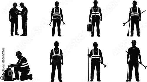 Construction Worker and Technician Silhouette Vector Set, Industrial Laborers and Engineers in Safety Vest and Hard Hat Illustrations, Manual Workforce, Repair, and Maintenance Professionals