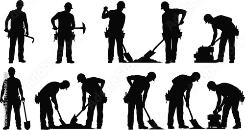 Construction worker silhouette illustration set showing builders using tools, digging and working on site, labor and industrial workforce concept isolated on white background