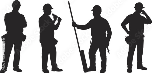 Construction worker silhouette vector illustration, industrial labor team with tools, engineering and building concept, professional workers wearing safety helmets for construction industry
