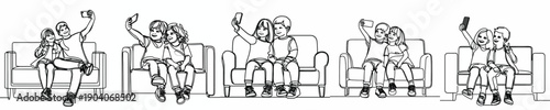 line art of two children sitting on a sofa taking a selfie together