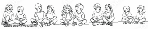 line art of two small children sitting on the floor laughing together