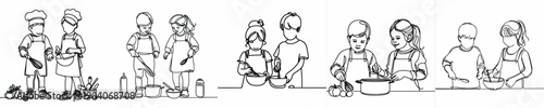 line art of two children cooking together on Valentine's Day