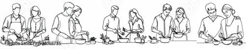 line art of a couple cooking together on Valentine's Day