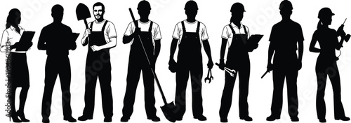 Construction workers silhouettes collection, male and female laborers with tools and equipment, black and white flat vector illustration for industry workforce concepts