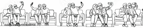 line art of old couple sitting on a sofa taking a selfie together