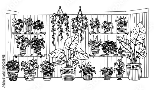Ornamental zentangle botanical garden room black and white vector art