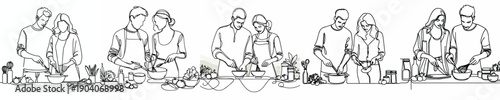 line art of a couple cooking together on Valentine's Day