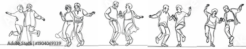 line art of a old couple happily dancing on Valentine's Day