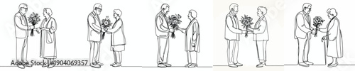 line art of a old couple giving flowers on Valentine's Day