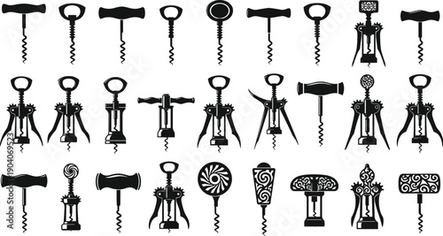 Corkscrew and wine opener silhouette collection, vintage and modern bar tool vector illustration set, black corkscrew icons isolated on white background