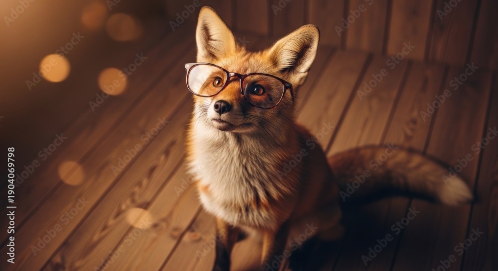 Naklejka premium A charming red fox wearing eyeglasses sits on a wooden floor, looking upwards with a curious expression