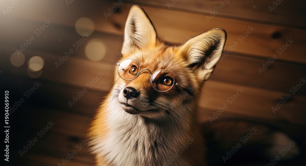 Fototapeta premium A clever fox portrait wearing round glasses against a wood-paneled wall background