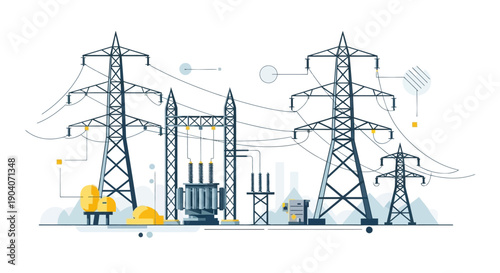 Electrical substation with multiple transmission towers and transformers on an isolated white background, illustrating power distribution.