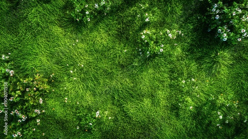 An enchanting aerial perspective captures a lush green meadow, densely populated with white wildflowers, partially shadowed by trees.