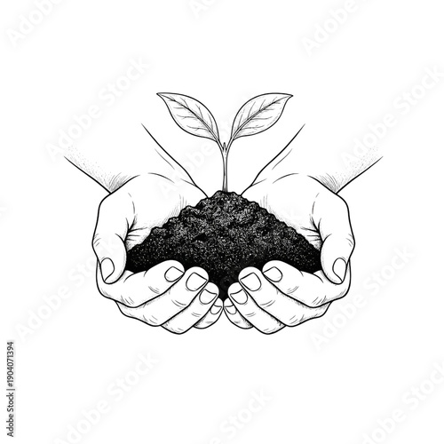 cupped hands holding rich dark soil with small green plant sprout environmental growth and sustainability concept vector illustration