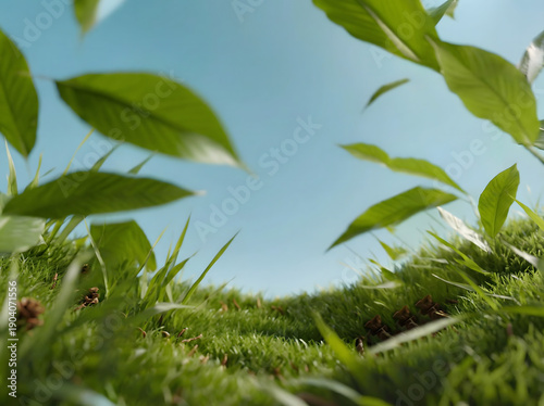 Vibrant green grass and fresh leaves gently drifting create a dynamic scene of natural vitality under a clear blue sky, symbolizing growth and environmental purity in a tranquil outdoor setting