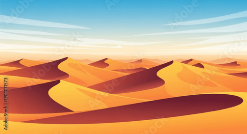 Vast Desert Landscape with Endless Golden Sand Dunes Under a Clear Blue Sky at Sunset