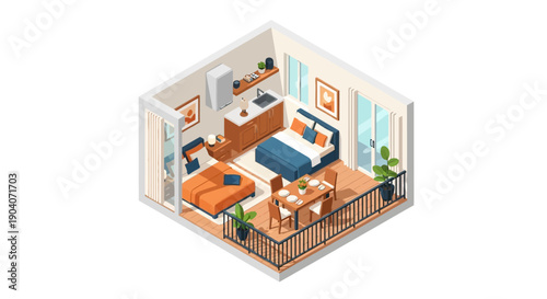 Isometric View of a Modern Apartment Interior Layout with Bedroom, Kitchen, Dining Area, and Balcony on Isolated White Background.