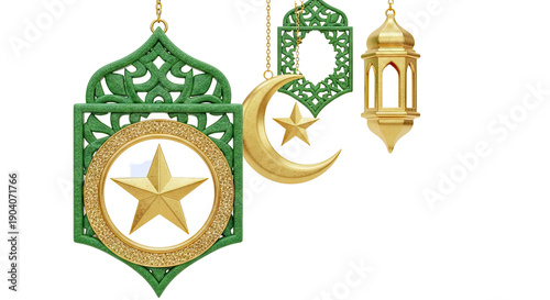 Islamic Decorations: Crescent Moon, Stars, Lanterns, and Green Ornate Design