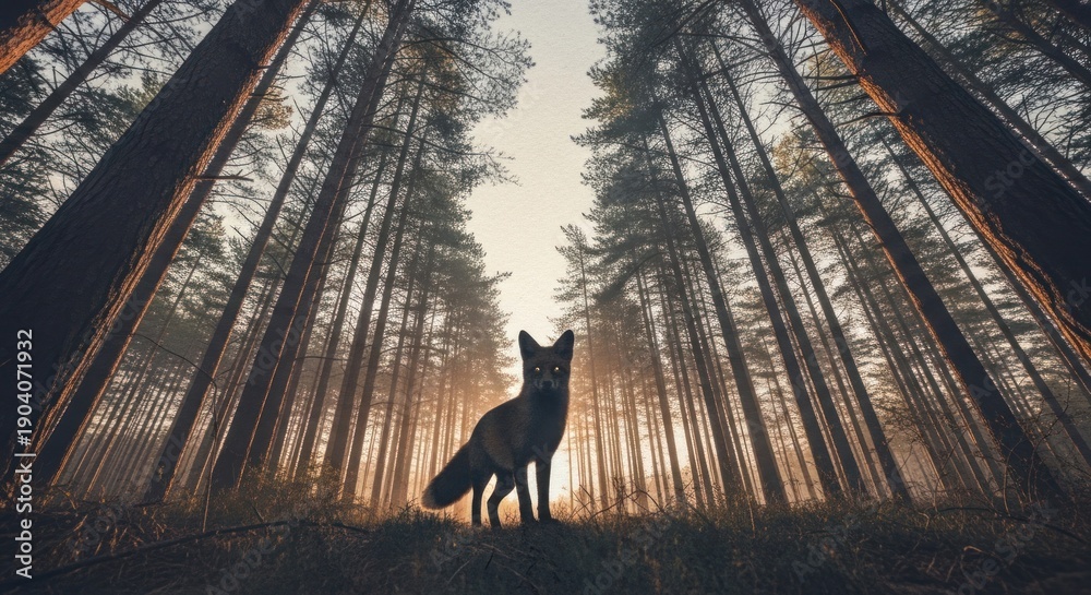 Obraz premium Black fox stands in forest under tall trees at sunrise/sunset, glowing eyes