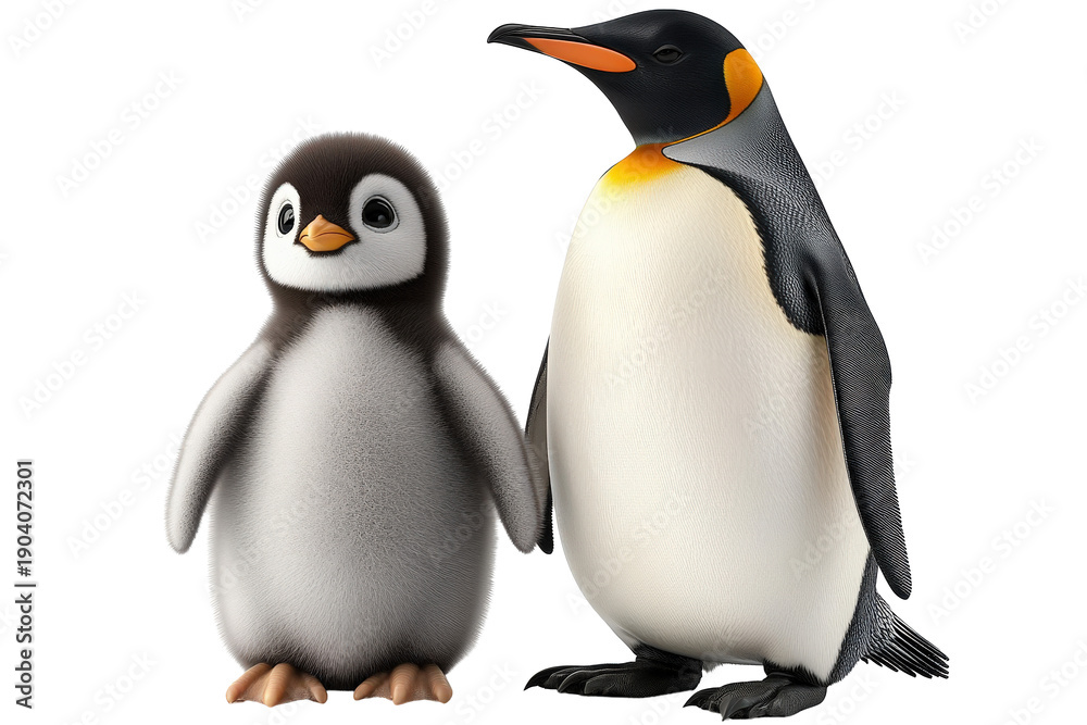 Fototapeta premium King Penguin and Chick on White Background