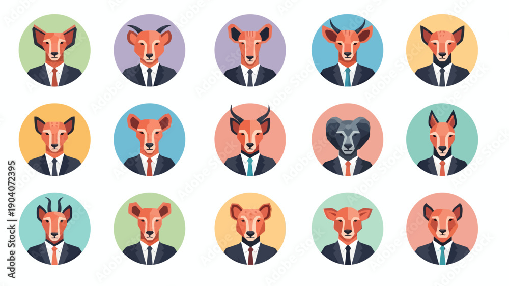 Fototapeta premium Set of circular monkey avatar icons in business attire with varied colors and expressions.