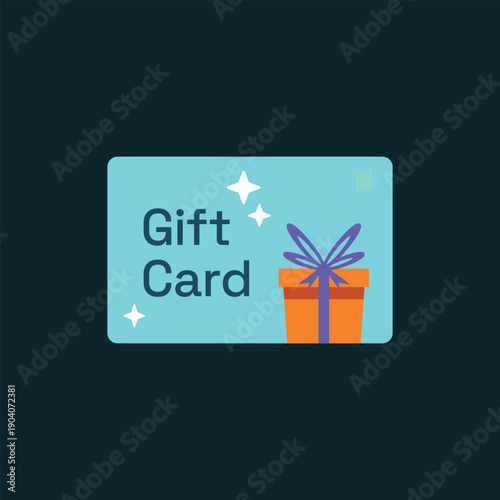 Modern cyan gift card vector icon featuring an orange gift box with purple ribbon, perfect for e-commerce loyalty programs, digital vouchers, and seasonal sale events