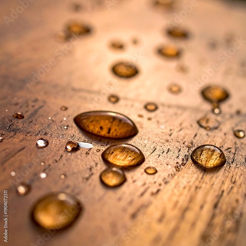 Water droplets scattered atop textured brown surface, catching light with reflections and subtle details