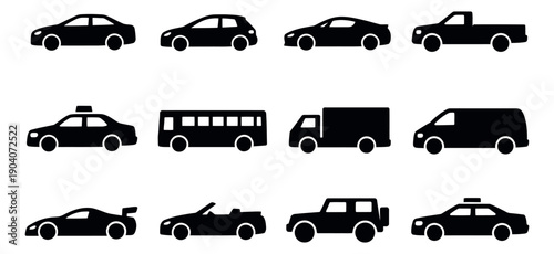 Modern icon vehicle set featuring diverse types of cars, trucks, buses, and vans for transportation concepts