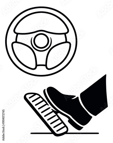 Graphic illustration of car controls depicting a steering wheel and a foot pressing a pedal for driving concepts