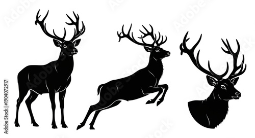Three Black Silhouette Deer with Antlers in Different Poses.