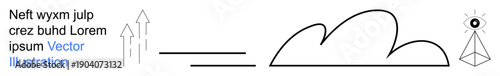 Cloud computing, technology, data exchange, design, minimalism, future concepts. Abstract cloud with arrows, a connecting line and an all-seeing eye symbol. Cloud computing and technology concepts