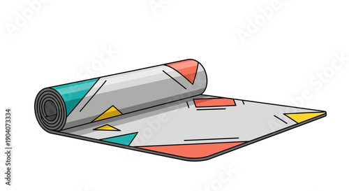 Colorful yoga mat rolled up with abstract geometric design on gray background.