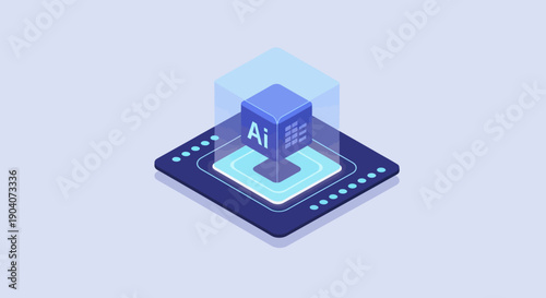 3D illustration of artificial intelligence chip with blue cube and circuit board design.